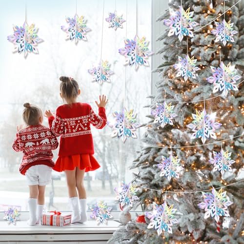 18pcs Hanging Snowflakes Decorations, 3D Iridescent Large Snowflakes Ornaments Hanging Snow Flakes from Ceiling for Christmas Winter Wonderland Indoor Home New Year Frozen Birthday Party Decorations