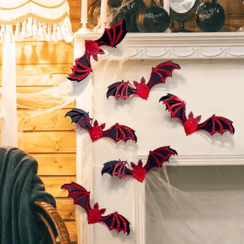 12 Pcs Halloween Bats Wall Stickers Red Black 3D Bats Wall Decoration Double Layer Bats Stickers Holiday Gift Decor for Party Home Office Shop Decorations Supplies
