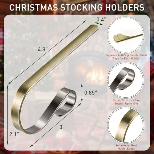 Edoneery Christmas Stocking Holders for Fireplace Mantle with Separate Double-Sided Tapes, 4 Pack Adjustable Non-Slip Metal Stocking Hangers for Mantel Xmas Party Decorations,Bronze