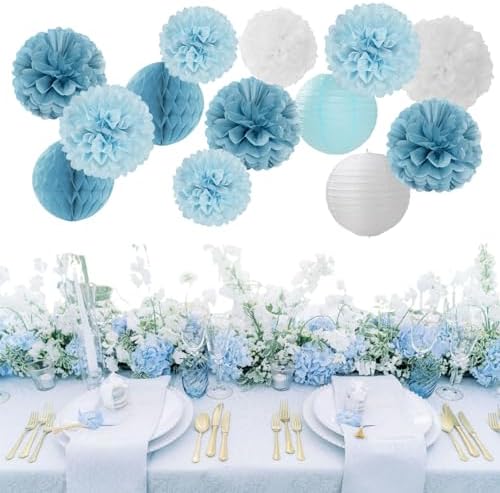 Dusty-Blue White Party-Decorations Paper-Flowers Lanterns - 15pcs Birthday Baby Bridal Shower Tissue Pom Poms Streamers Honeycomb, Boy Men Wedding Bachelorette Hanging Supplies Decor Hugfond