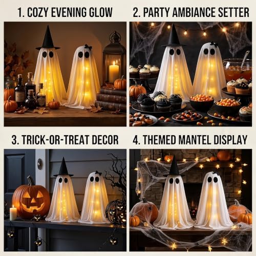 Lighted Ghost Halloween Decorations, Spooky Decor for Table Mantel Shelf