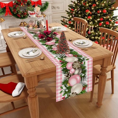 Jiudungs Pink Christmas Table Runner, Xmas Holiday Decorations for Home