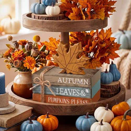 4 Pcs Fall Decorations for Home, Maple Leaf Book Stack Block Sign