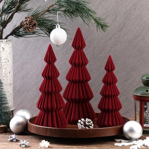 Set of 3 Velvet Ceramic Christmas Tree Decor, Burgundy