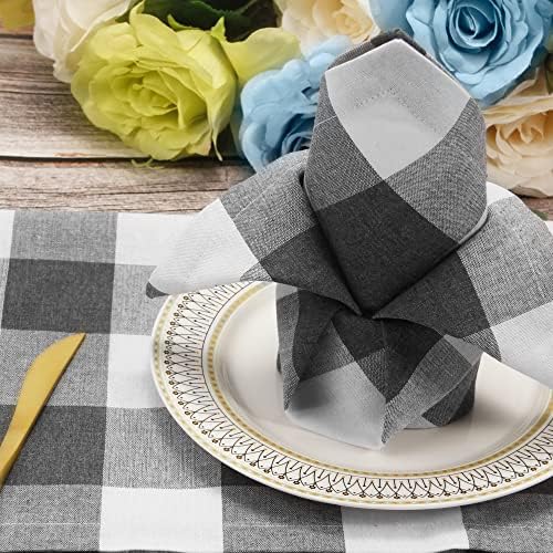 Cotton Cloth Napkins Set of 4, Reusable Dinner Napkins Washable, 20 x 20 Inches Buffalo Plaid Durable Napkins Ideal for Farmhouse Restaurants, Party, Weddings&Everyday Use, Gray and White