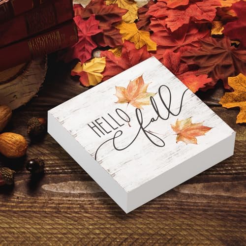 Hello Fall Wood Box Sign, Maple Leaves Desk Shelf Decor, Autumn Decor, Farmhouse Fall Wooden Box Block Sign