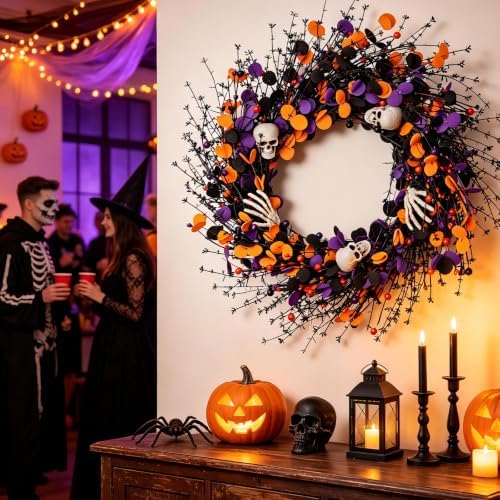 zjlmit Halloween Wreath 24 Inch Halloweeen Wreaths for Front Door Handmade Skull Wreaths with White Skeleton Hand Black Eucalyptus Leaves Orange Berries for Window Porch Indoor Party Holiday Wall Home