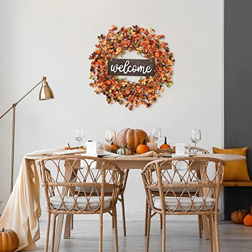 Sggvecsy Fall Wreath 20'' Autumn Front Door Harvest with Small Pumpkin Berry Round Leaves Decorations for Outside Indoor Wall Window Festival Thanksgiving Decor(Orange)