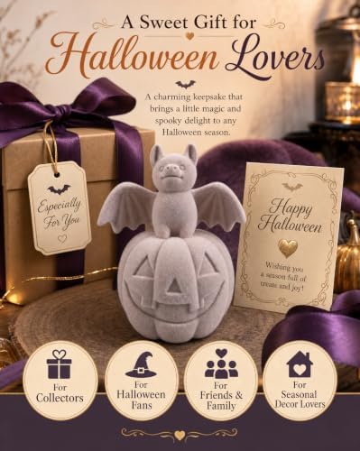 Halloween Decor Bat on Jack-o-lantern Resin Figurine (Pink Bat Pumpkin)