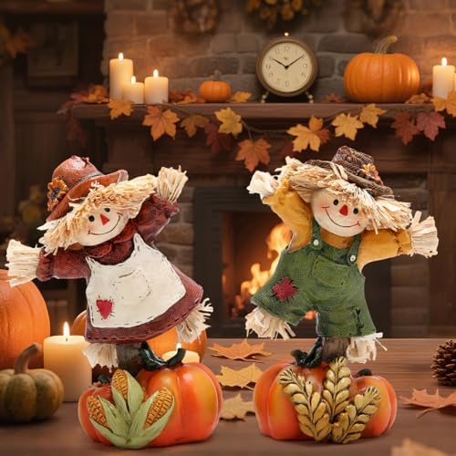 Hodao Fall Scarecrow Pumpkin Figurines, Thanksgiving Decor for Home