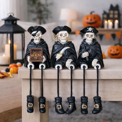 Dlfghos Halloween Skeleton Decor Set of 3 Pirate Skeleton Figurines Halloween Indoor Decorations Statue Skull Figurine Home Decor for Coffee Table Desk Bookshelf Mantel Gifts