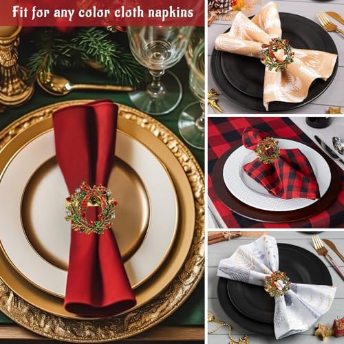 Legigo Set of 8 Christmas Wreath Napkin Rings Set- Diamond Wreath Xmas Napkin Ring Holders for Cloth Napkins, Christmas Holiday Party Dinner Table Decoration