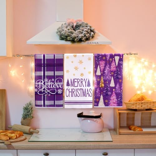 Oudain 6 Pcs Purple Christmas Kitchen Towels Xmas Tree Tea Dishtowels Decorative Plaid Bathroom Hand Towel Farmhouse Purple Christmas Decorations for Kitchen Bath Housewarming Home Gifts