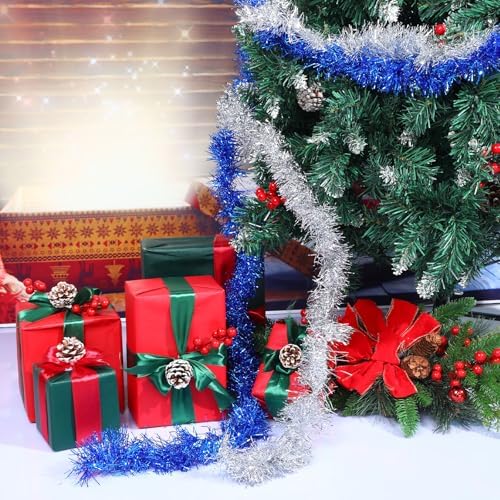 Shappy 90 ft 6 Rolls Christmas Tinsel Garland for Tree, Blue, Sliver