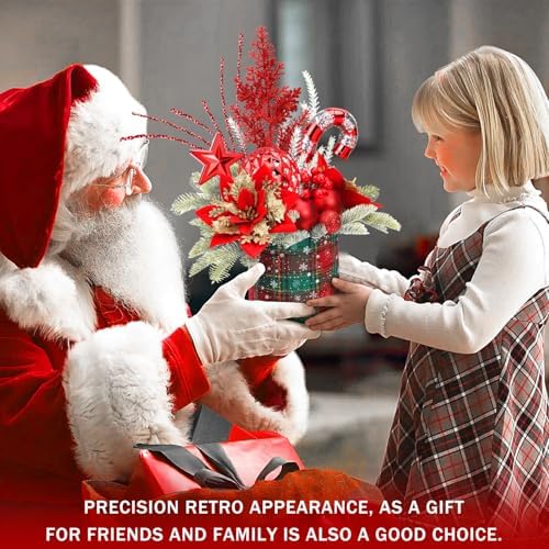 Small Christmas Tree Tabletop Artificial Mini Christmas Tree Decorations with Holiday Ornaments Red Berry Pine Cone Greenery for Home Indoor Fireplace Mantel Xmas Decor (Large-Round-Red)
