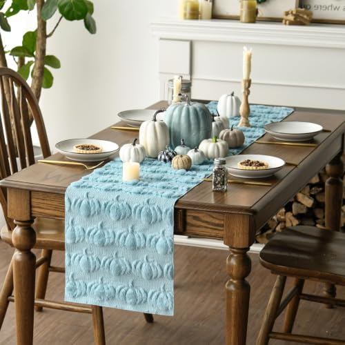 Artoid Mode Blue Soft Faux Fur Pumpkins Fall Table Runner 13x72 Inch