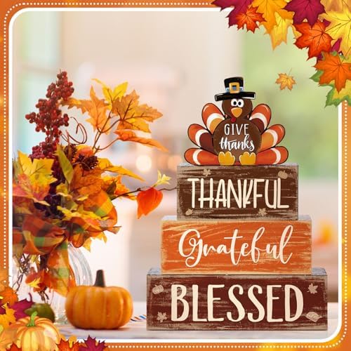 4 Pcs Fall Thanksgiving Decor for Home Funny Turkey Wooden Signs with Hat