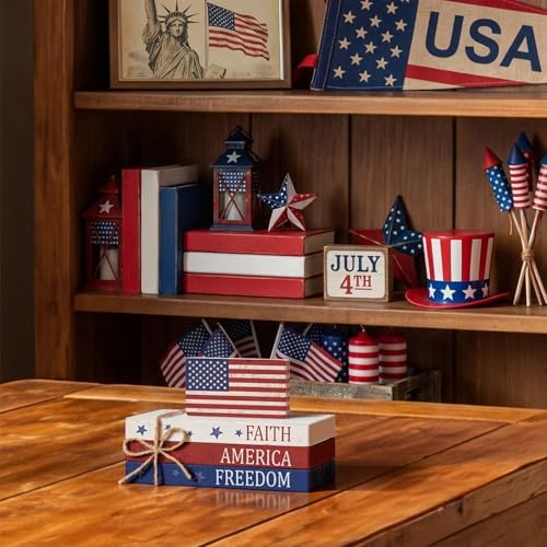 Smile Patriotic Wooden Block Stack with American Flag Decor, 4-Piece "Faith America Freedom" Tiered Tray Tabletop Sign for 4th of July & Memorial Day