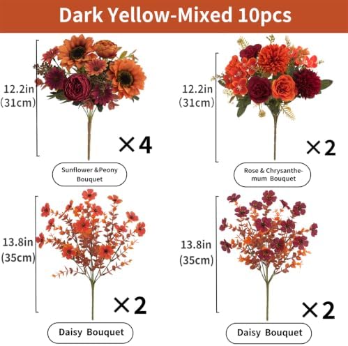 Mixed 10 Pcs Fall Artificial Sunflower Peony Bouquet, Burnt Orange Burgundy Silk Faux Flower, Autumn Faux Floral Arrangements for Wedding Table Centerpiece DIY Thanksgiving Farmhouse Outdoor Decor