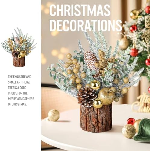 Hatisan Small Christmas Tree, Artificial Christmas Tree with Ornaments Pine Cone Berry, Tabletop Christmas Tree for Christmas Decorations Home Room Party Winter Indoor Outdoor(Gold-Round)