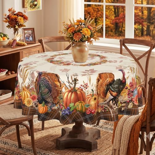 Thanksgiving Tablecloth Round 90 Inch, Stain Resistant Machine Washable Fabric Polyester Turkey Harvest Table Cloth Round Thanksgiving Tablecloth Table Cover for Kitchen Dining Party