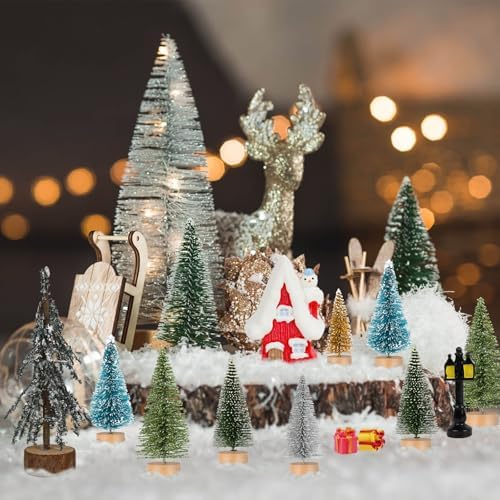 ONESING 31 Pcs Christmas Village Set With Bottle Brush Trees - Miniature Accessories for Home Indoor Winter Holiday Decorations