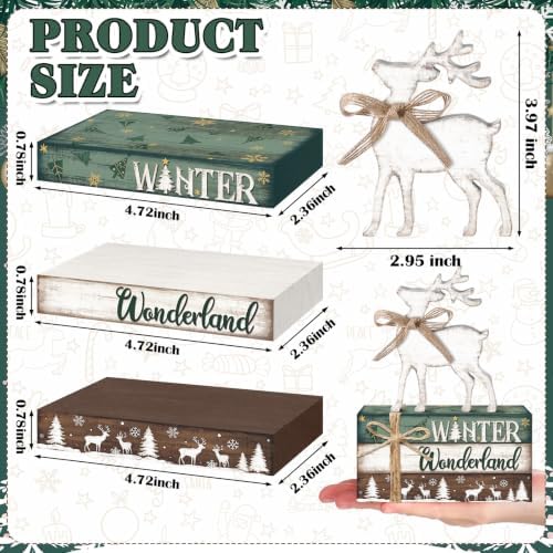 Geelin 4 Pcs Christmas Tiered Tray Decor Wooden Book Stack Signs, White Reindeer Christmas Table Decor, Farmhouse Rustic Centerpieces for Shelf Coffee Bar Office Desk Decorations