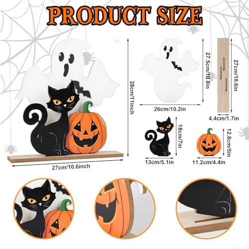 Halloween Decorations Indoor Wooden Black Cat Halloween Decor Ghost Table Sign Pumpkin Table Centerpieces Standing Tabletop Decoration for Holiday Desk Tiered Tray Party Shelf Decorations Farmhouse