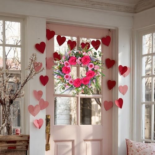 22 Inch Valentines Day Wreaths for Front Door Pink Peony Wreath with Roses Tulips Daisies Valentine Door Decorations for Home Wall Wedding Holiday Party Anniversary