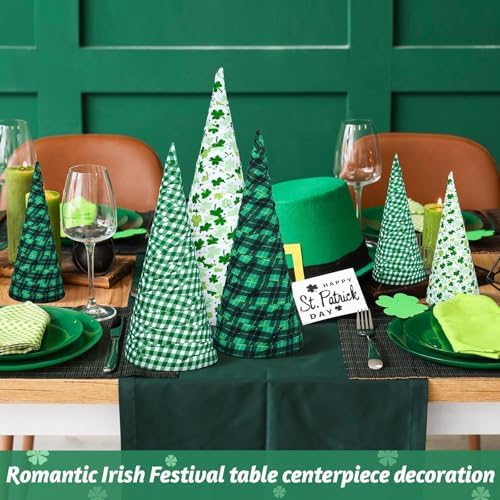 6 Pcs 12" 10" 6" St. Patrick's Day Cone Tree Centerpiece Decoration Lucky Irish Shamrock Tabletop Sign Green Shamrock Tiered Tray Table Decor for Saint Patrick Party Fireplace Home Ornament