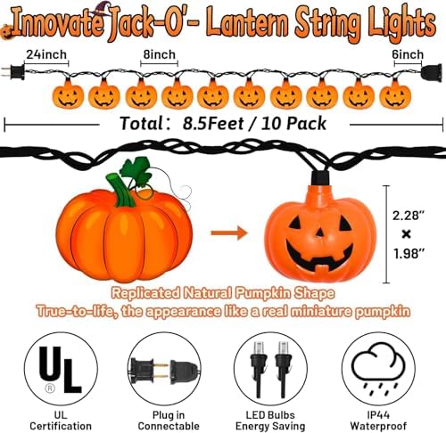 Halloween String Lights - LED Jack O Lantern Lights with Cute Spooky Smiling, 8.5Ft LED Pumpkin Lights Outdoor Plug in for Fall Halloween Decorations Indoor Outdoor Home Mantel Party Decor, 0.07W