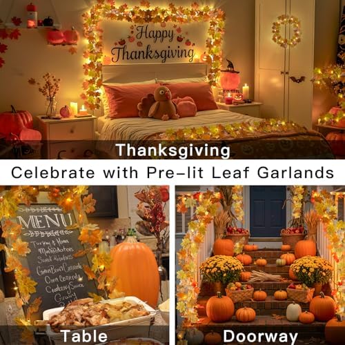 suddus 20 LED Fall Leaves Garland with Lights Battery Operated Timer Yellow