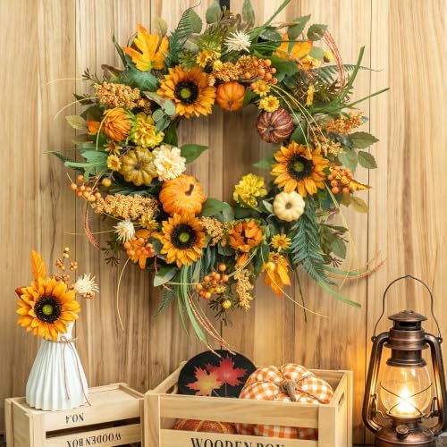 24 Inch Fall Wreaths for Front Door Outside with Sunflowers,Pumpkins,Leaves