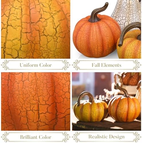 Valery Madelyn Fall Pumpkin Table Decor Cracked Pumpkin Figurine Fall Decoration for Home, 3pcs Resin Autumn Harvest Thanksgiving Halloween Party Tabletop Centerpieces, 6.7 inch