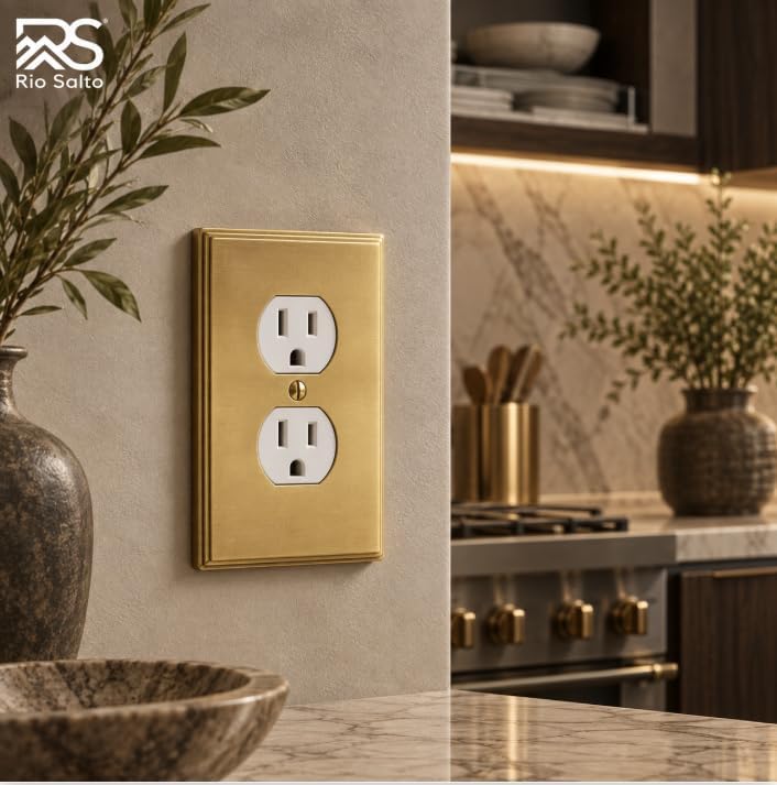 Rio Salto Duplex Outlet Cover Receptacle Wall Plate Electrical Outlet Covers BRASS Brushed Gold Metal Decorative Wall