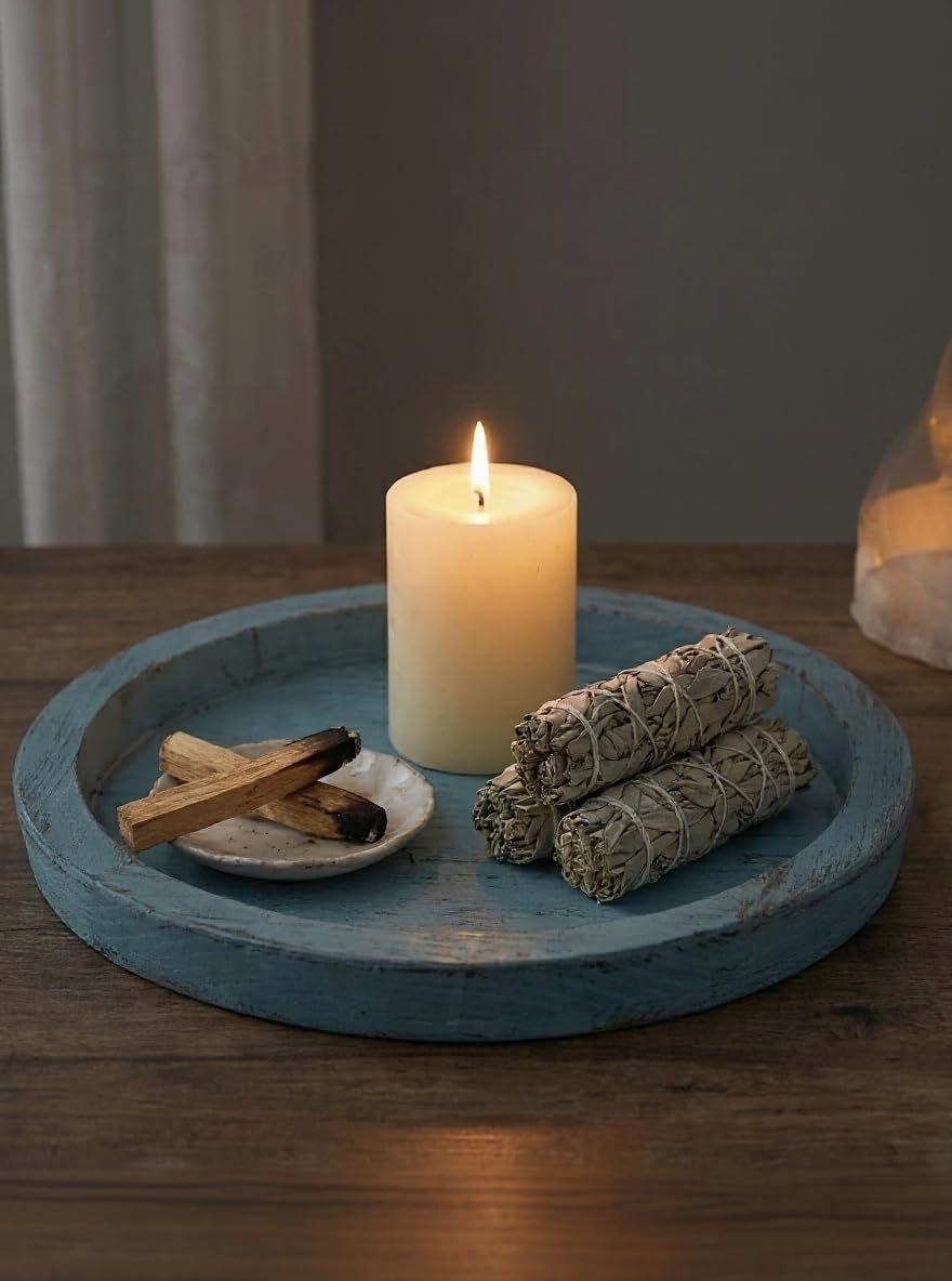 Round Wood Decorative Candle Plate / Ocean Blue