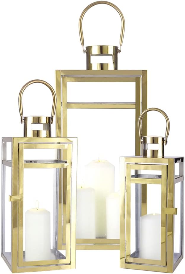 TRIROCKS Elegant Gold Stainless Steel Lantern Set- 3 Sizes (12", 15", 19") - Tempered Glass Panel Metal Lanterns for
