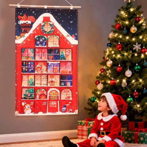 HOWAF Red House Fabric Christmas Advent Calendar with Pockets (Countdown to Christmas), 24 Days Mystery Christmas Countdown Calendar for Xmas Holiday Home Wall Decoration