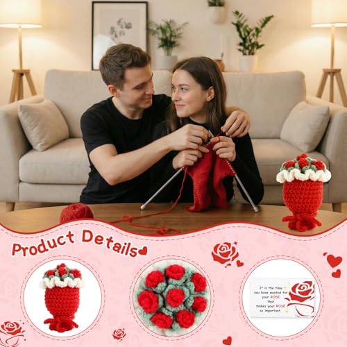 Crochet Rose Bouquet, Romantic Handmade Emotional Support Gifts with Card & Box for Couple Girlfriend Kid Friends Mom, Inspirational Crochet Flower Perfect for Mother's Day Graduation Gifts