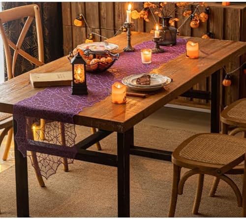 Halloween Table Runner - Black Lace with Spider Web & Bat Design, Elegant Lace Runner for Halloween Parties, Weddings & Spooky Home Decor (Purple Spider Web)