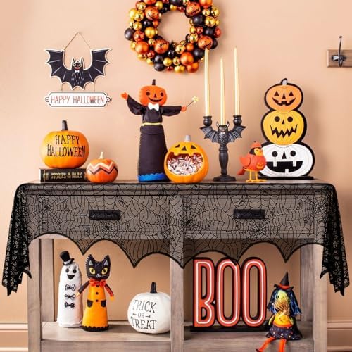 Halloween Decorations Black Lace Spiderweb Fireplace Mantle Scarf Cover(19x99 Inch) Indoor Outdoor Spider Web Netting Spooky Haunted House Home Room Bedroom Table Wall Decor Party Favors Supplies