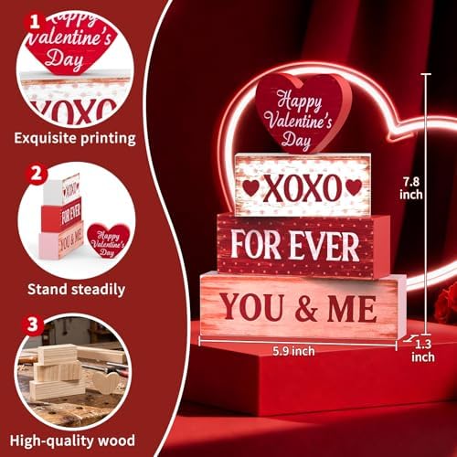 OLANRUN Valentines Day Decorations - 4 Pack Wooden Block Heart Set Signs Valentines Day Table Decor - 7.8 Inch Valentine's Decorations for Home Office Bedroom Tiered Tray Fireplace Mantel