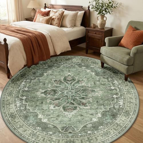 RELEANY Washable Area Rug, Round 6ft, Green/Dark Green/Gray
