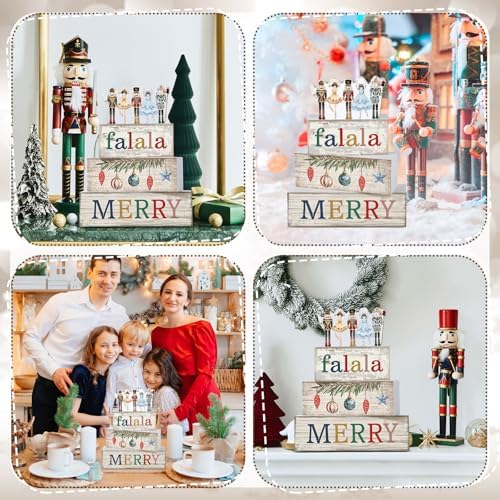 Lineshading 4 Pcs Wooden Nutcracker Block Signs Christmas Farmhouse Decor