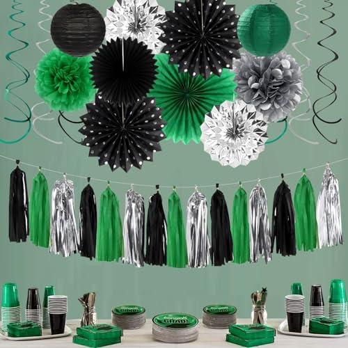 Black Green Silver Football Party-Decorations - 33pcs Banner,Soccer Graduation Streamers Tassel Garland,Tissue Pom Poms Honeycomb,Paper Lantern Fans,Men Boys Birthday Spring Summer Jungle Decor Hugtmr