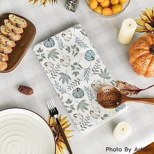 Artoid Mode Blue Leaves Pumpkin Fall Kitchen Towels Set of 3 18x26 Inch