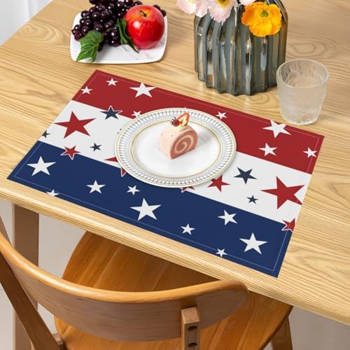 4th of July Placemats Set of 4 18x12 Inch Independence Day Patriotic Blue Red White Star Linen Place Mats Heat-Resistant Washable Wipeable Memorial Day Table Mat for Party Kitchen Dining Room Dinner
