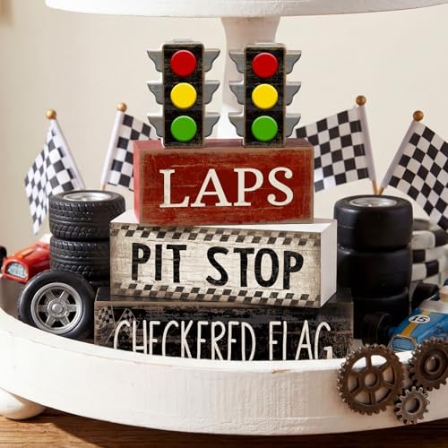 Lineshading 4 Pcs Race Car Wooden Tiered Tray Decor Tabletop Block Signs