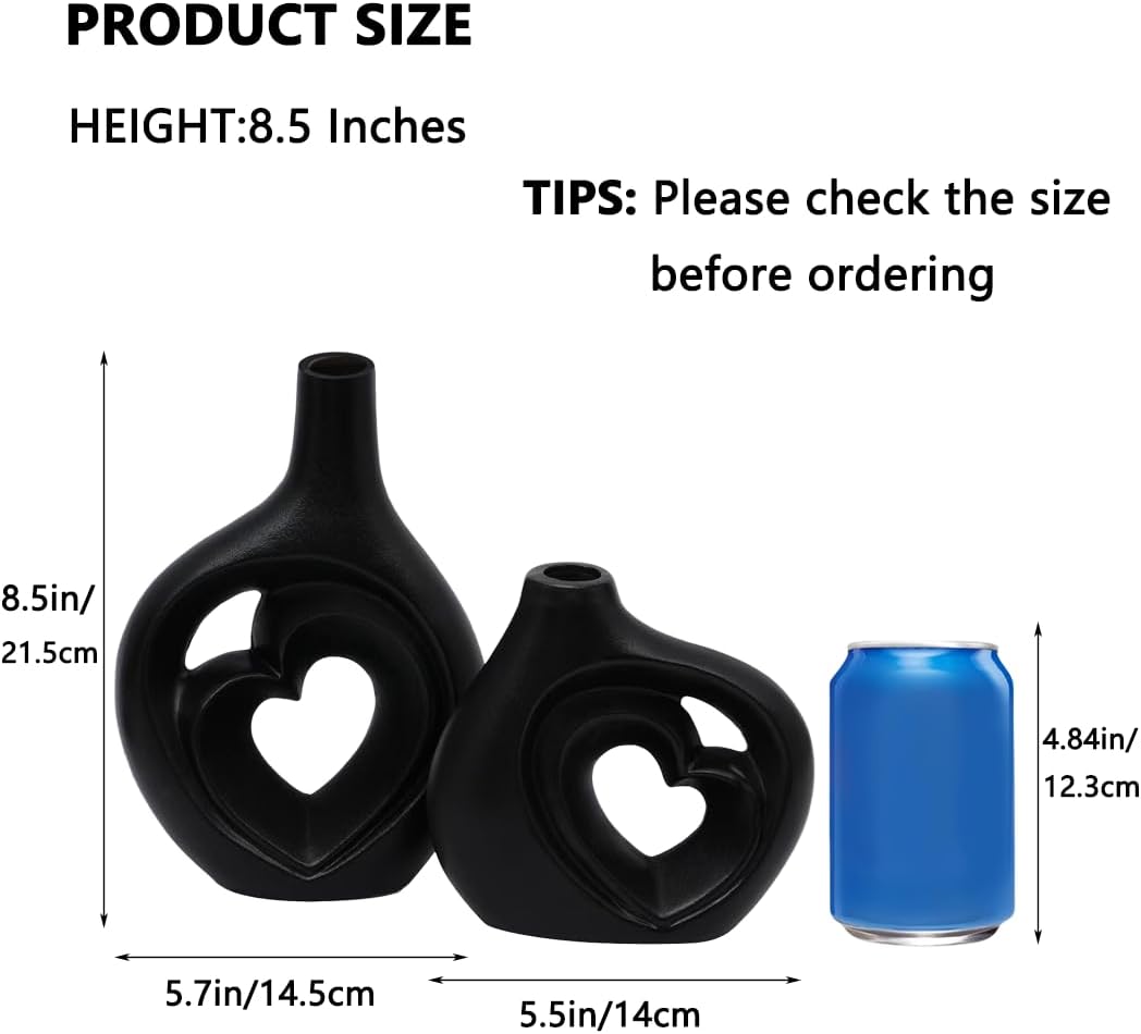 Matte Black Heart Shaped Hollow Ceramic Vase / Black-01 / Set of 2