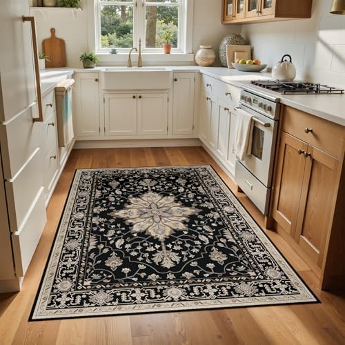 RELEANY Washable Area Rug, 4'x6', Black/Neutral